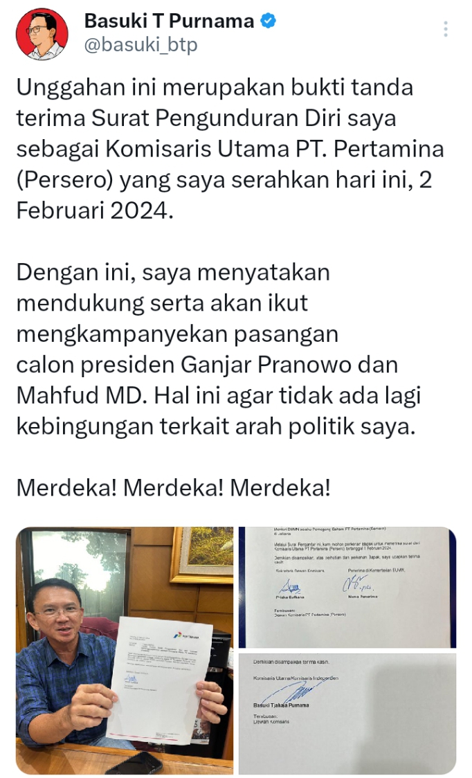 Ahok (Basuki Tjahaja Purnama) resmi mundur dari jabatan Komisaris Utama PT Pertamina (Persero), fokus dukung dan menangkan Ganjar-Mahfud. 